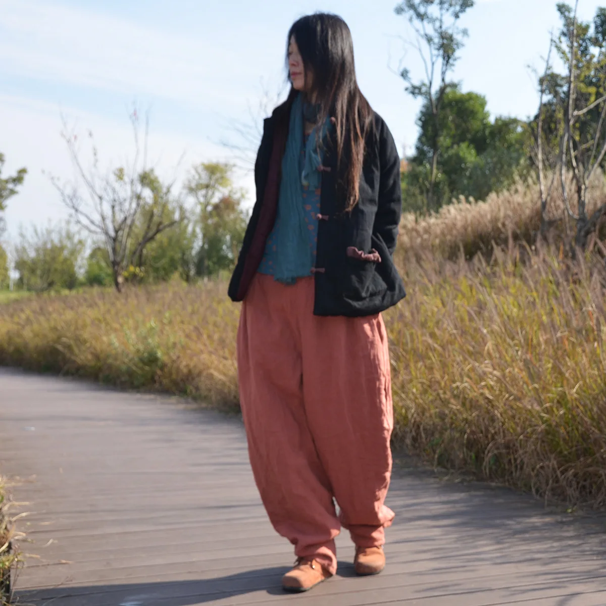 Johnature Women Winter Wide Leg Pants Cotton Linen Warm Trouser Solid Color Elastic Waist 2025 New Pockets Vintage Female Pants