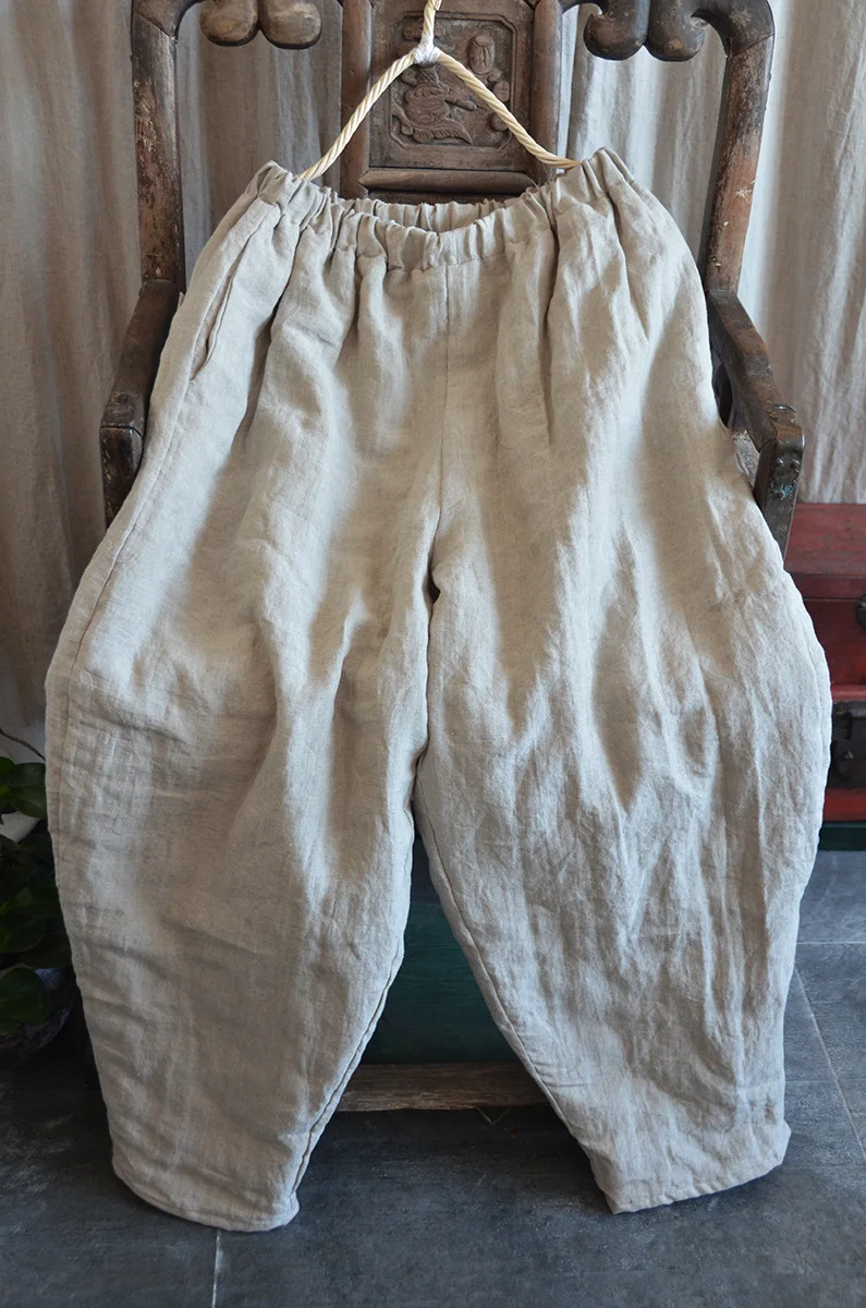 Johnature Women Winter Wide Leg Pants Cotton Linen Warm Trouser Solid Color Elastic Waist 2025 New Pockets Vintage Female Pants