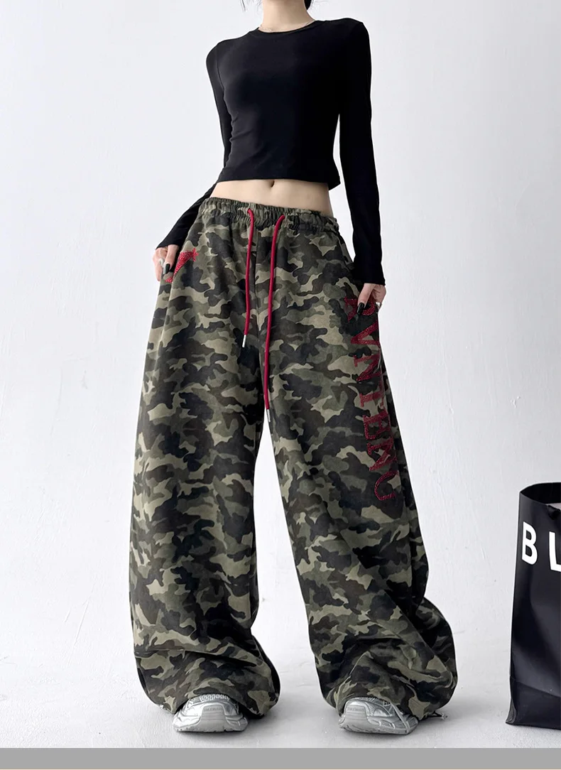 Women's Vintage Camouflage Oversized Wide Leg Sweatpants Red Drawstring Letter Embroidery Streetwear Pants