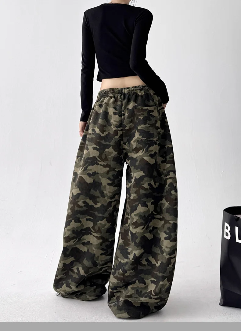 Women's Vintage Camouflage Oversized Wide Leg Sweatpants Red Drawstring Letter Embroidery Streetwear Pants