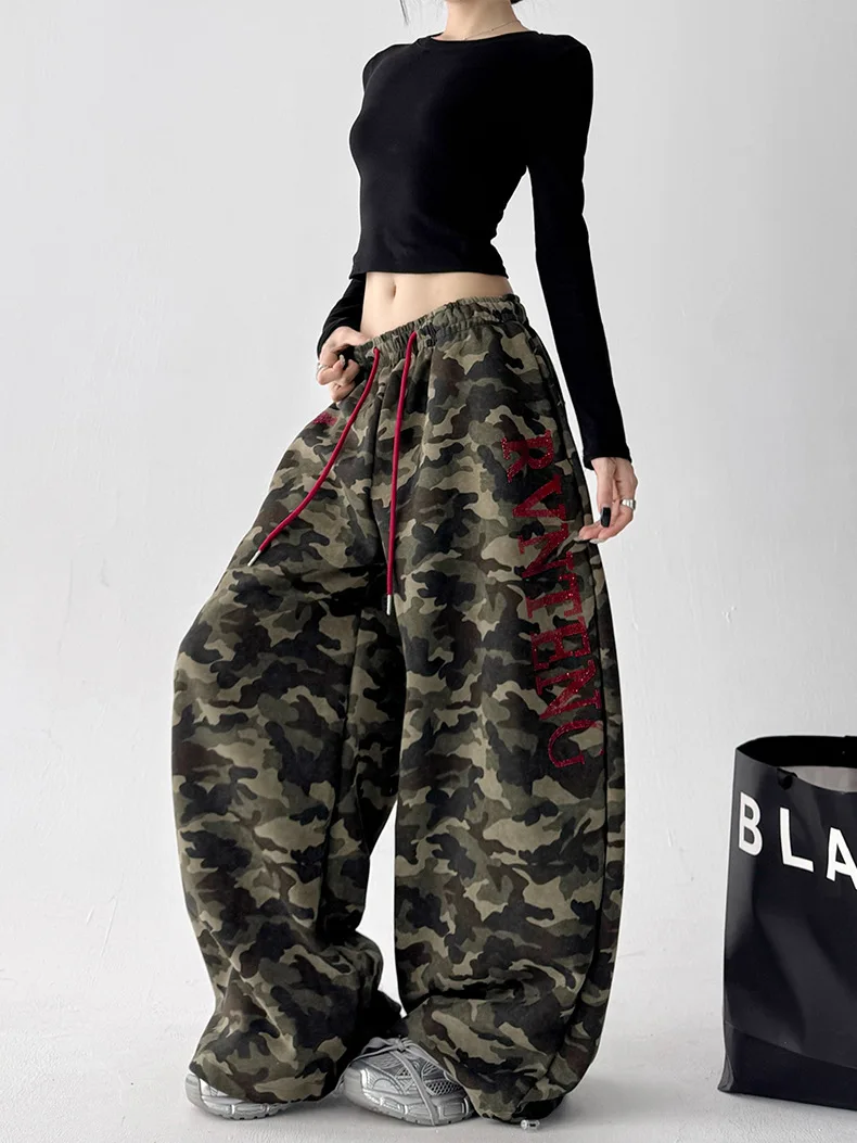 Women's Vintage Camouflage Oversized Wide Leg Sweatpants Red Drawstring Letter Embroidery Streetwear Pants