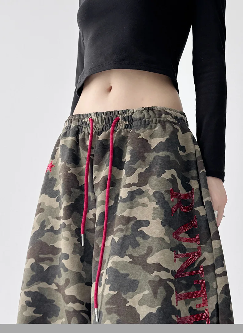 Women's Vintage Camouflage Oversized Wide Leg Sweatpants Red Drawstring Letter Embroidery Streetwear Pants