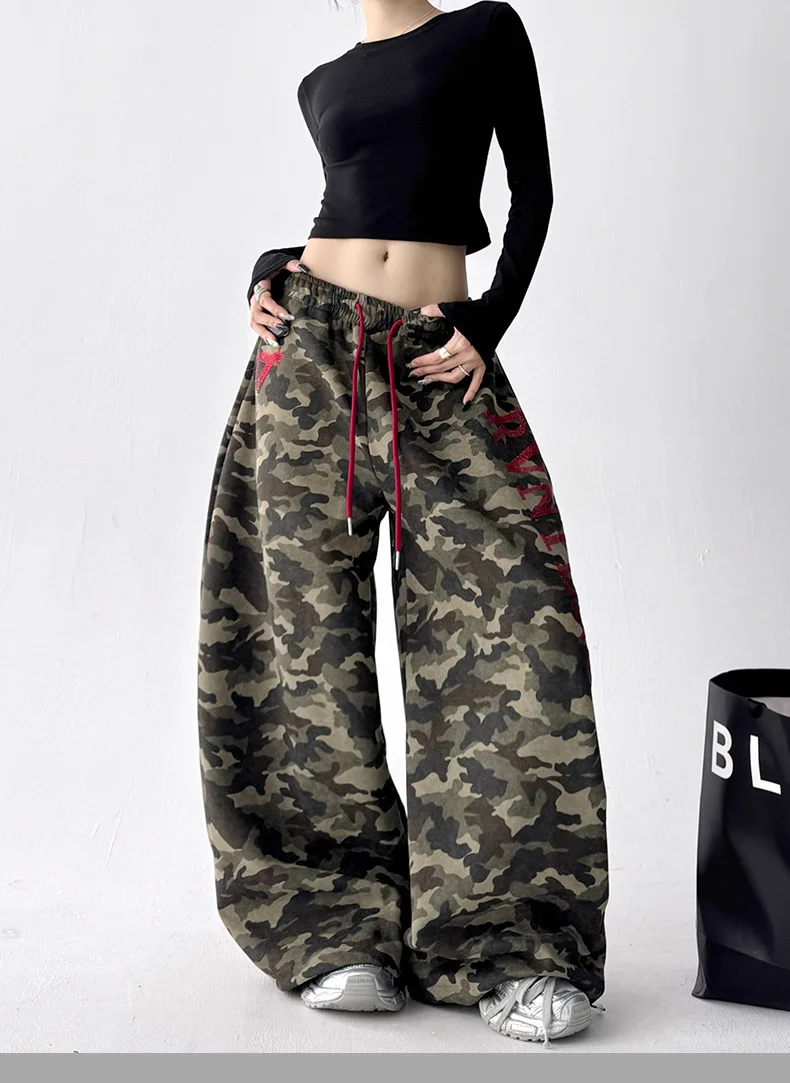 Women's Vintage Camouflage Oversized Wide Leg Sweatpants Red Drawstring Letter Embroidery Streetwear Pants