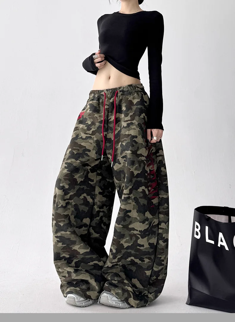 Women's Vintage Camouflage Oversized Wide Leg Sweatpants Red Drawstring Letter Embroidery Streetwear Pants
