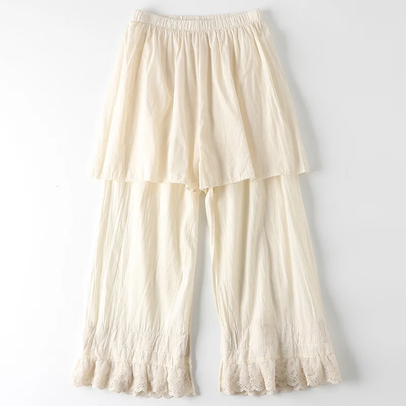 Spring Summer Fashion Home Wear Pants Women's Korean Style Elastic Waist Lace Embroidery Sweet Fresh Ankle Length Trouser Female