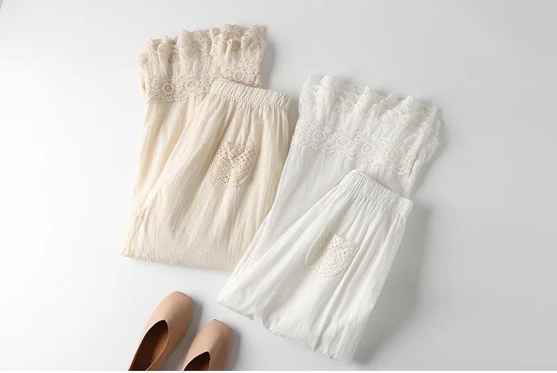 Spring Summer Fashion Home Wear Pants Women's Korean Style Elastic Waist Lace Embroidery Sweet Fresh Ankle Length Trouser Female