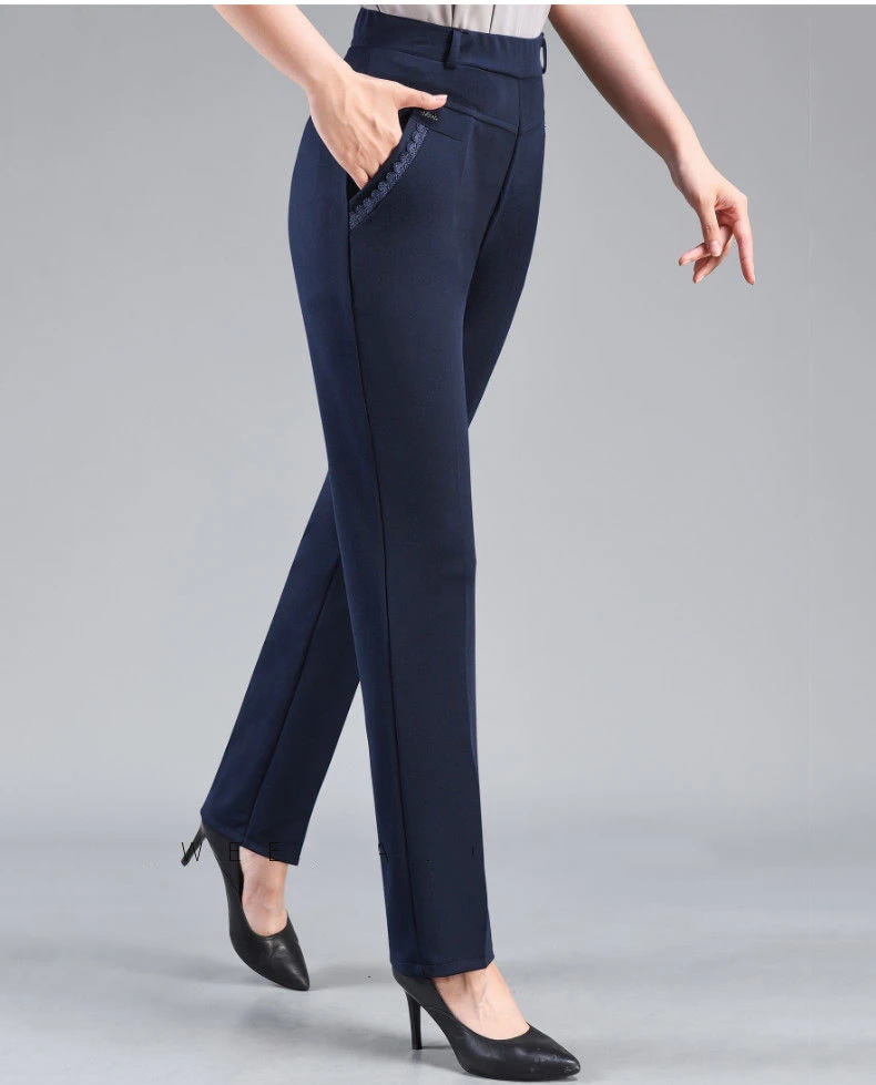 Brand Casual Pants Woman Winter Fleece Fashion High Waist Elegant Slim Black Straight Pants Thicken Large Size Trousers