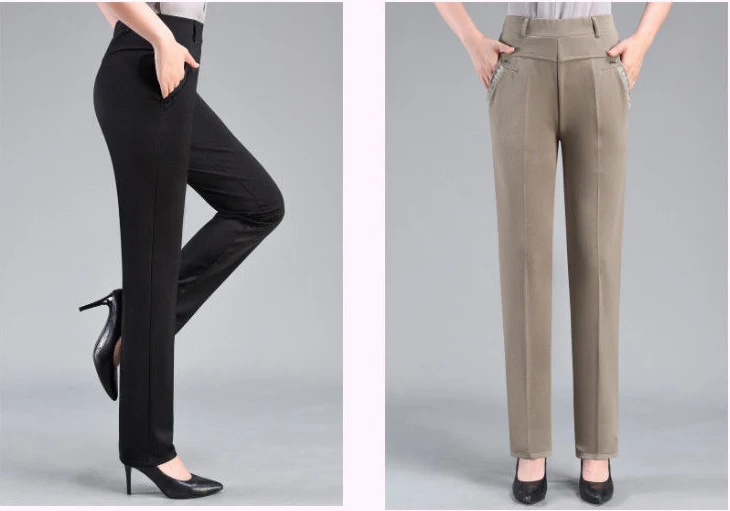 Brand Casual Pants Woman Winter Fleece Fashion High Waist Elegant Slim Black Straight Pants Thicken Large Size Trousers