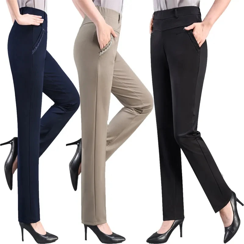 Brand Casual Pants Woman Winter Fleece Fashion High Waist Elegant Slim Black Straight Pants Thicken Large Size Trousers