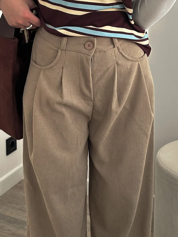 Streamgirl Corduroy Straight Pants Women High Waist Casual Wide Leg Trousers Beige Spring Women Brown Pants Vintage Formal
