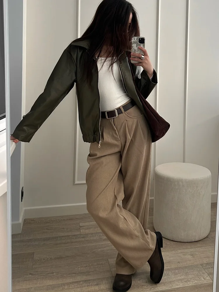 Streamgirl Corduroy Straight Pants Women High Waist Casual Wide Leg Trousers Beige Spring Women Brown Pants Vintage Formal
