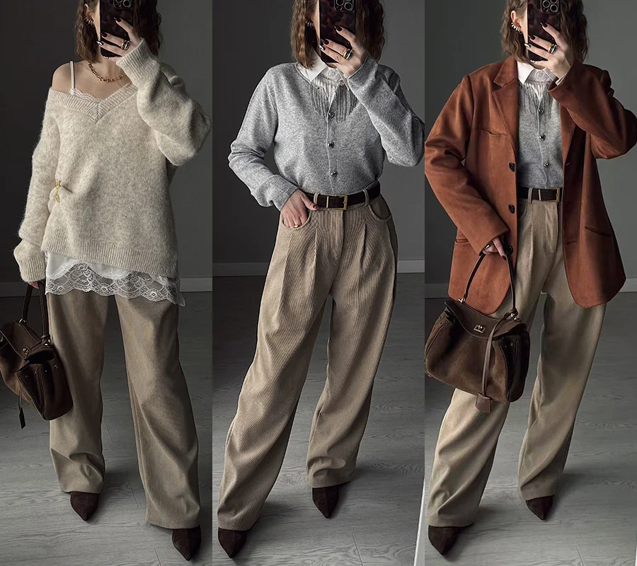 Streamgirl Corduroy Straight Pants Women High Waist Casual Wide Leg Trousers Beige Spring Women Brown Pants Vintage Formal