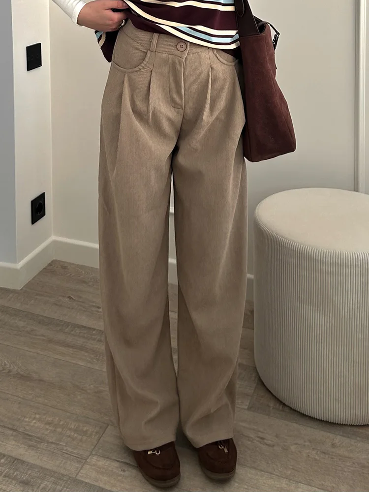 Streamgirl Corduroy Straight Pants Women High Waist Casual Wide Leg Trousers Beige Spring Women Brown Pants Vintage Formal