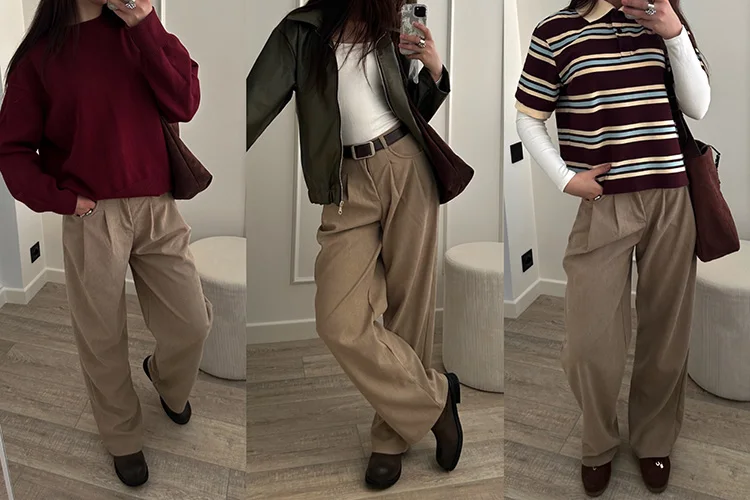Streamgirl Corduroy Straight Pants Women High Waist Casual Wide Leg Trousers Beige Spring Women Brown Pants Vintage Formal