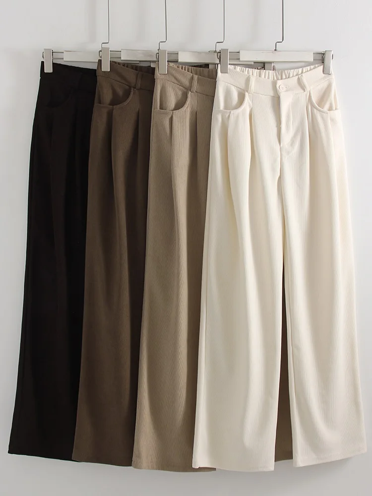 Streamgirl Corduroy Straight Pants Women High Waist Casual Wide Leg Trousers Beige Spring Women Brown Pants Vintage Formal