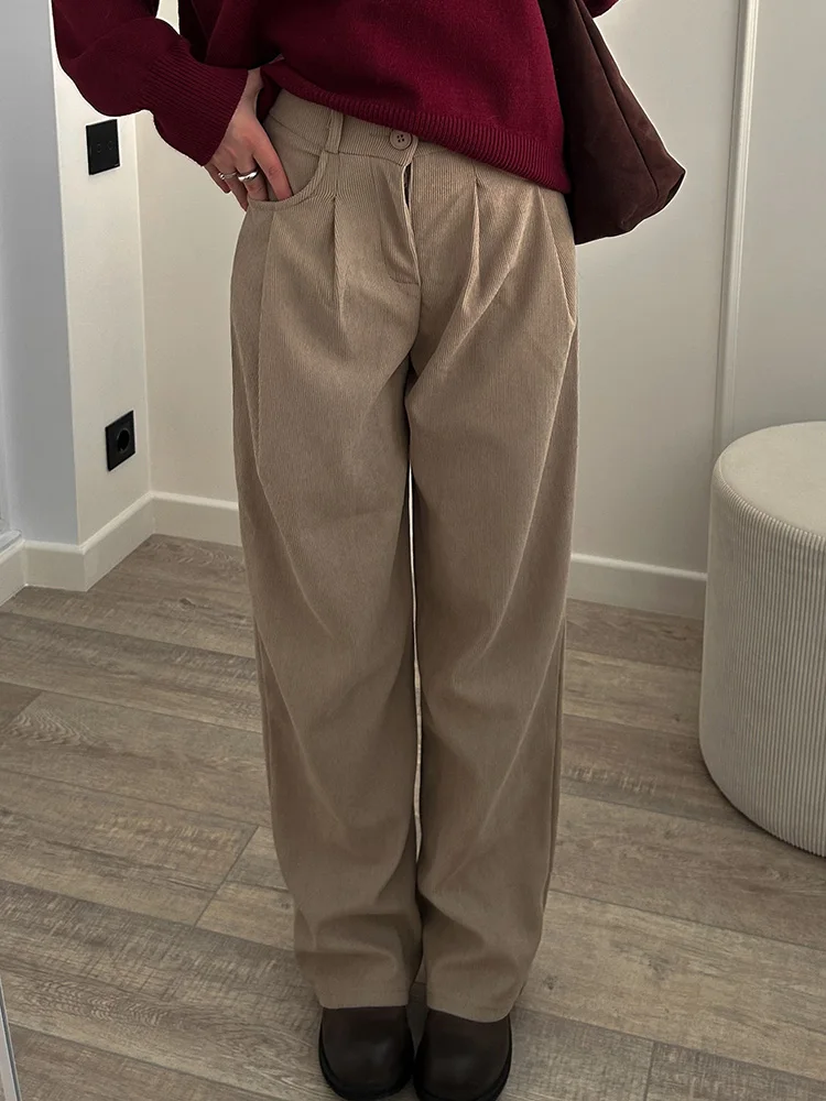 Streamgirl Corduroy Straight Pants Women High Waist Casual Wide Leg Trousers Beige Spring Women Brown Pants Vintage Formal