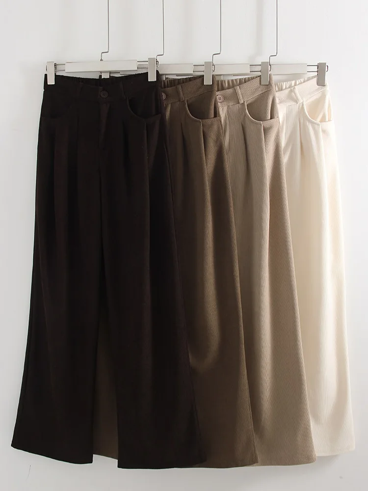 Streamgirl Corduroy Straight Pants Women High Waist Casual Wide Leg Trousers Beige Spring Women Brown Pants Vintage Formal