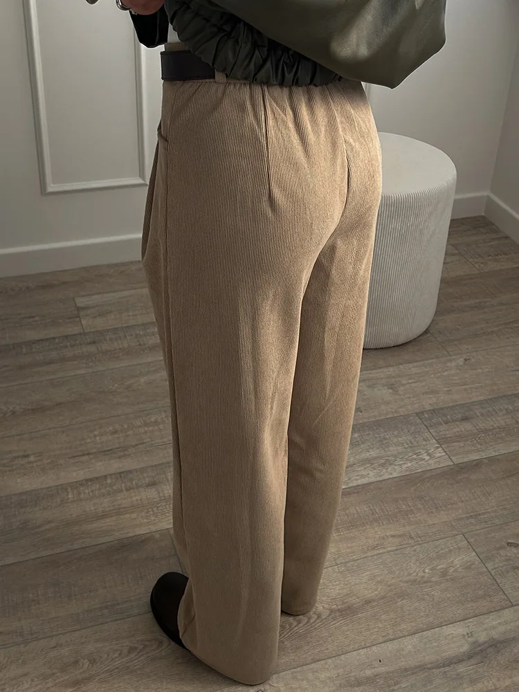 Streamgirl Corduroy Straight Pants Women High Waist Casual Wide Leg Trousers Beige Spring Women Brown Pants Vintage Formal