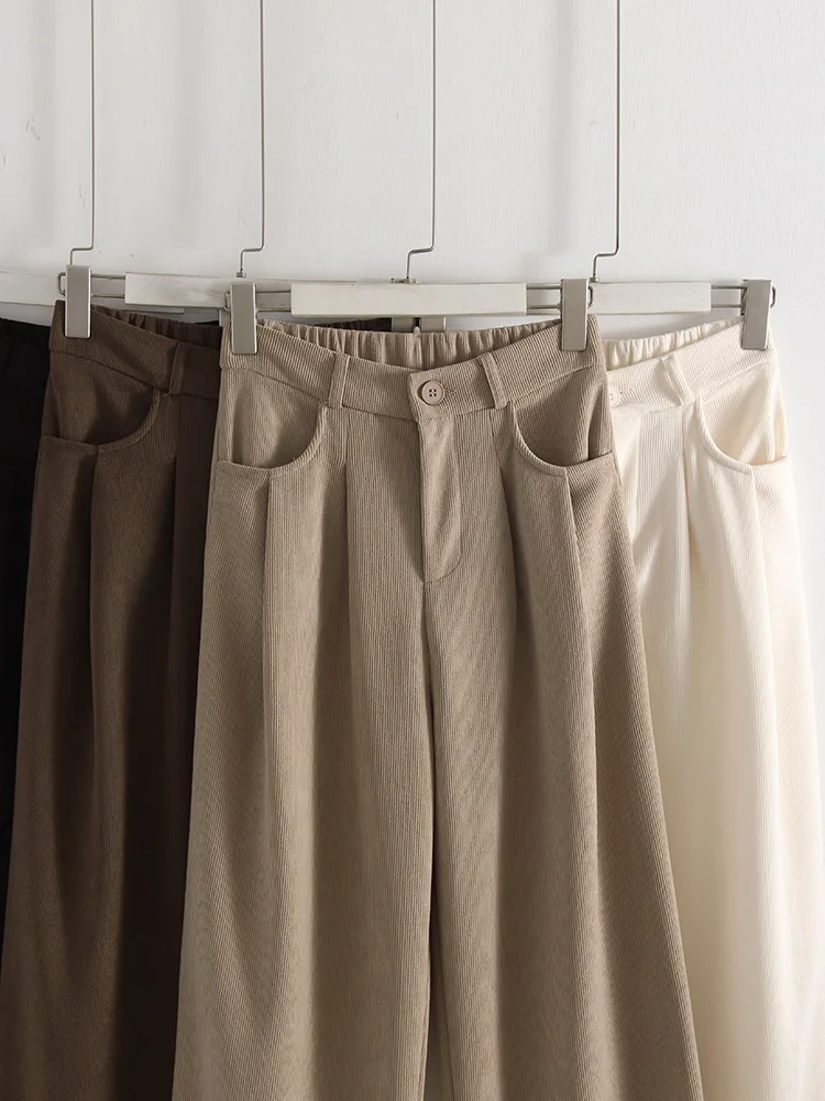 Streamgirl Corduroy Straight Pants Women High Waist Casual Wide Leg Trousers Beige Spring Women Brown Pants Vintage Formal