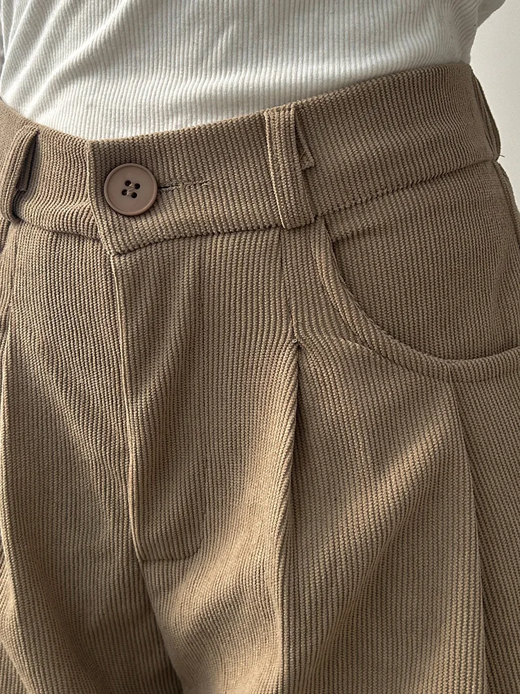 Streamgirl Corduroy Straight Pants Women High Waist Casual Wide Leg Trousers Beige Spring Women Brown Pants Vintage Formal
