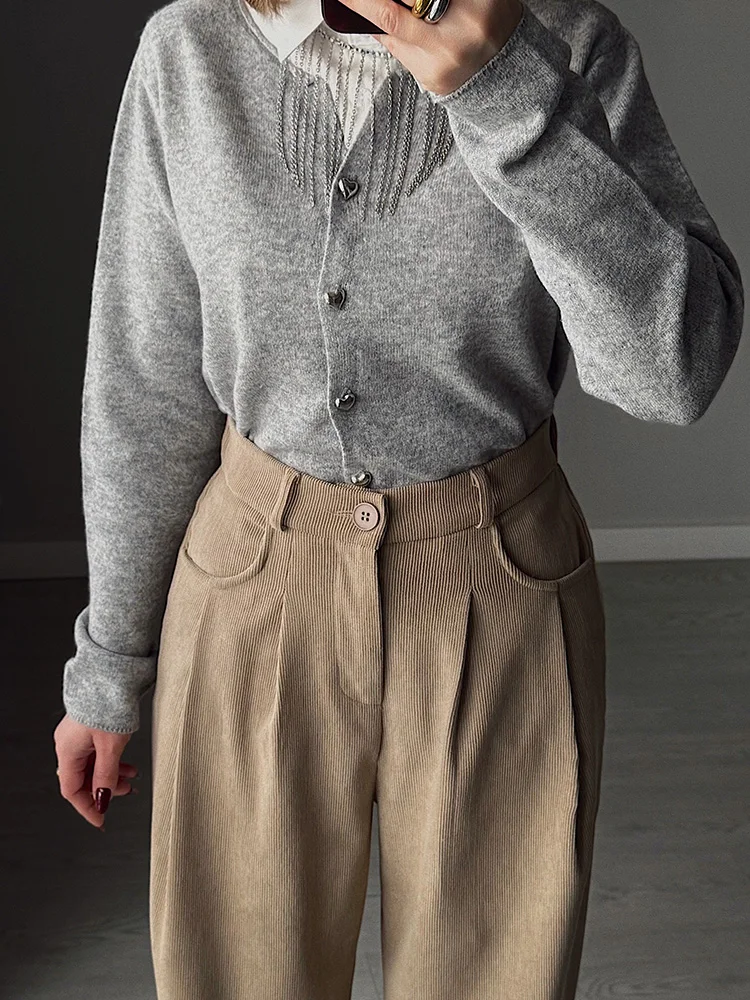 Streamgirl Corduroy Straight Pants Women High Waist Casual Wide Leg Trousers Beige Spring Women Brown Pants Vintage Formal