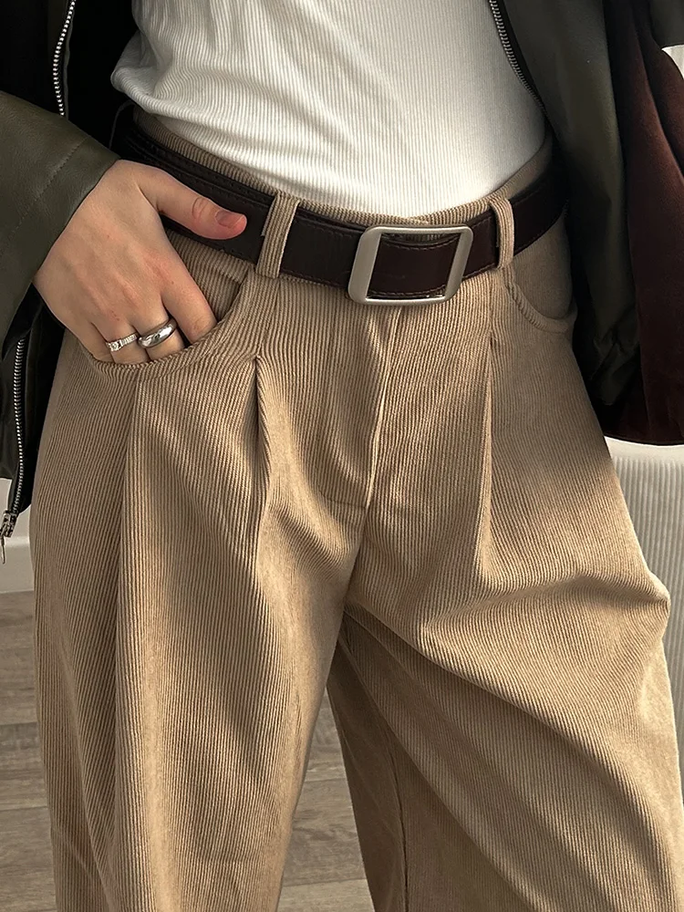 Streamgirl Corduroy Straight Pants Women High Waist Casual Wide Leg Trousers Beige Spring Women Brown Pants Vintage Formal