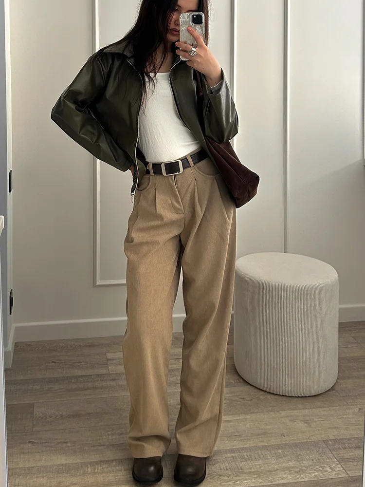 Streamgirl Corduroy Straight Pants Women High Waist Casual Wide Leg Trousers Beige Spring Women Brown Pants Vintage Formal