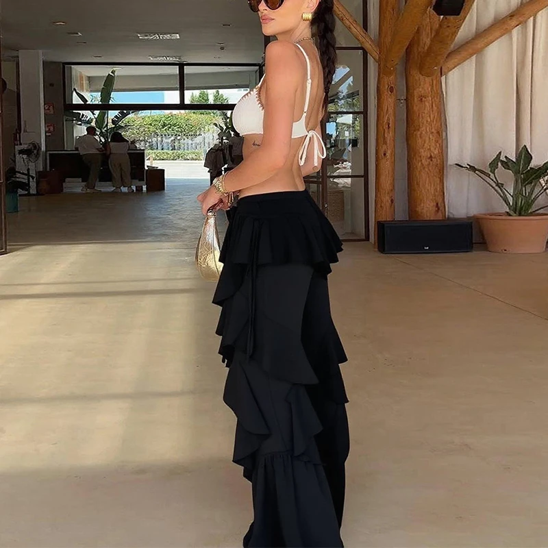 Spring New Street Fashion Women's Pants Casual Strap Splicing Lotus Leaf Edge Spicy Girl Micro Pull Pants