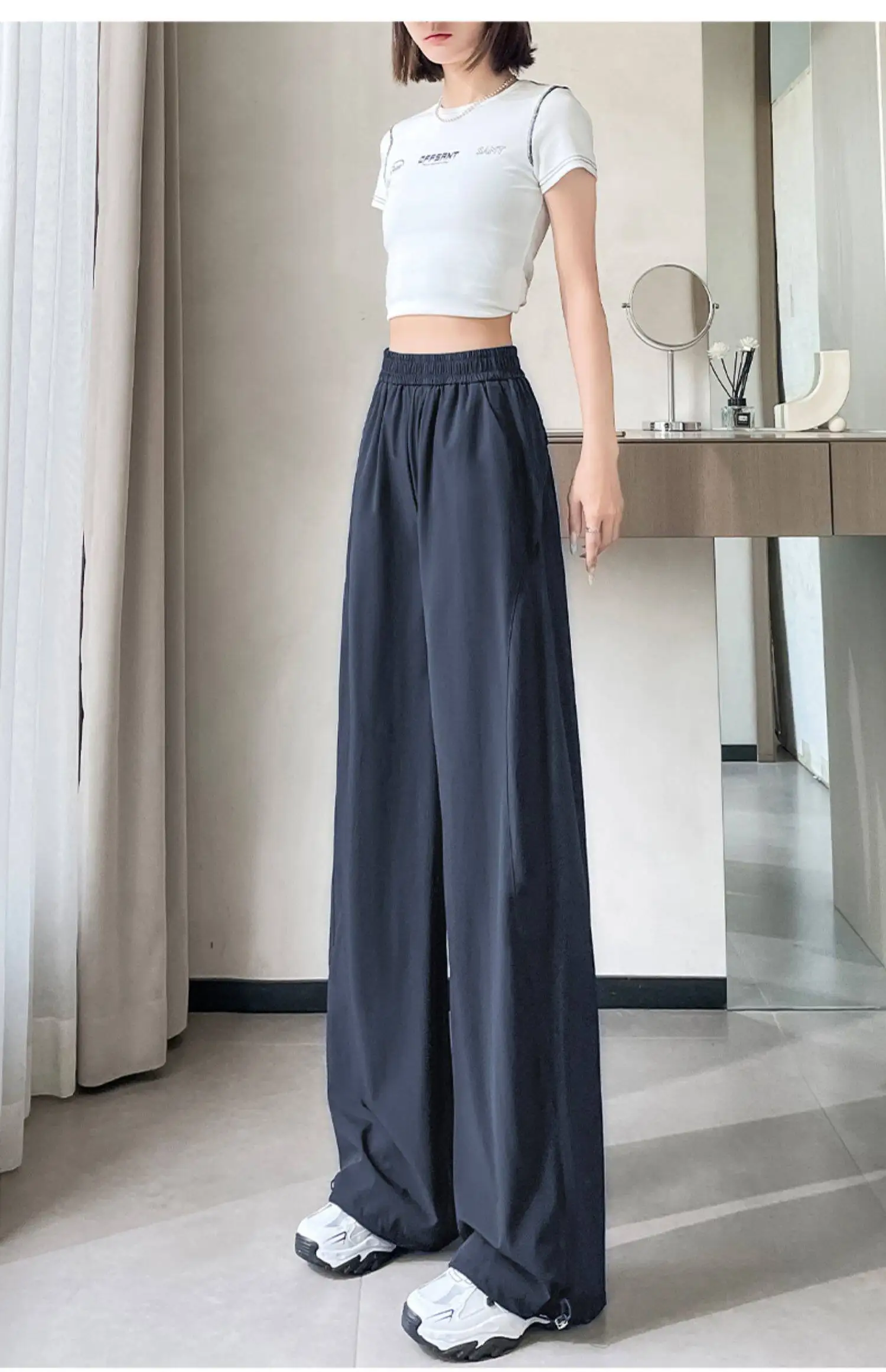 2026 Summer Women Ice Silk Quick Dry Sports Pants Cool Feeling Loose Slim Draped Straight Leg Casual Cargo Wide Leg Trousers
