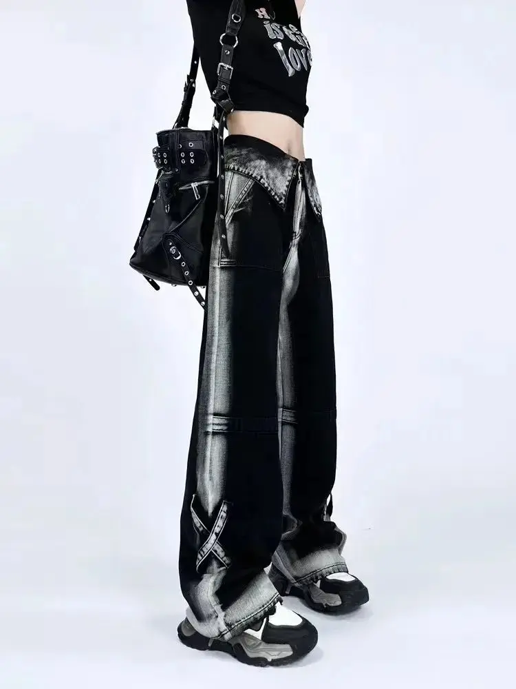 Contrast Color Jeans Women Clothing High Waist Fashion Y2k Wide Leg Pants 2025 New Bottoms Casual Straight Denim Pantalon Femme