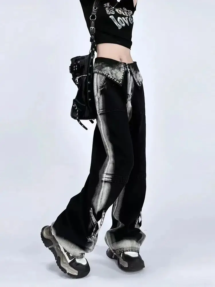 Contrast Color Jeans Women Clothing High Waist Fashion Y2k Wide Leg Pants 2025 New Bottoms Casual Straight Denim Pantalon Femme
