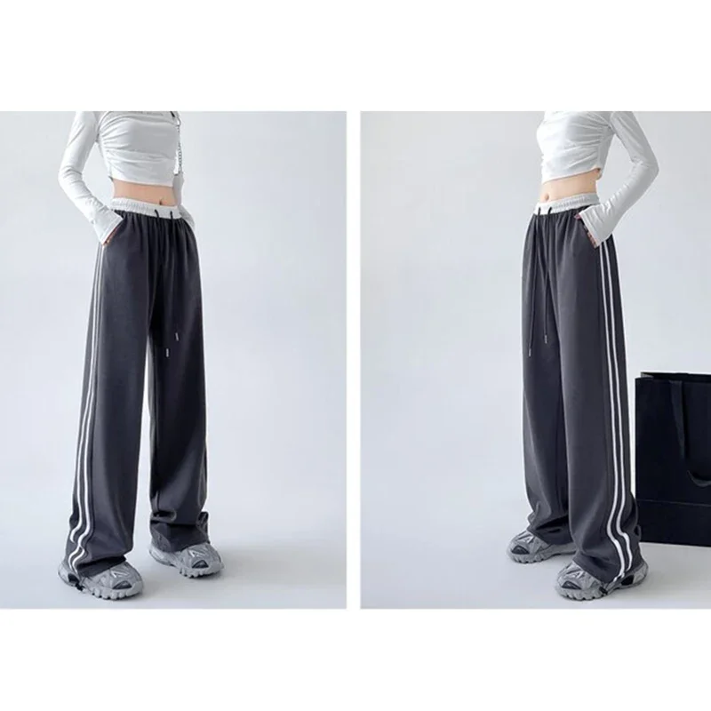 New Ins Fashion Girls Patchwork Sweatpants Lady High Waist Comfortable Baggy Trousers Female Korean Classic Wide Leg Pants