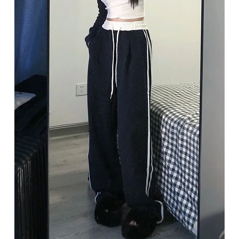 New Ins Fashion Girls Patchwork Sweatpants Lady High Waist Comfortable Baggy Trousers Female Korean Classic Wide Leg Pants