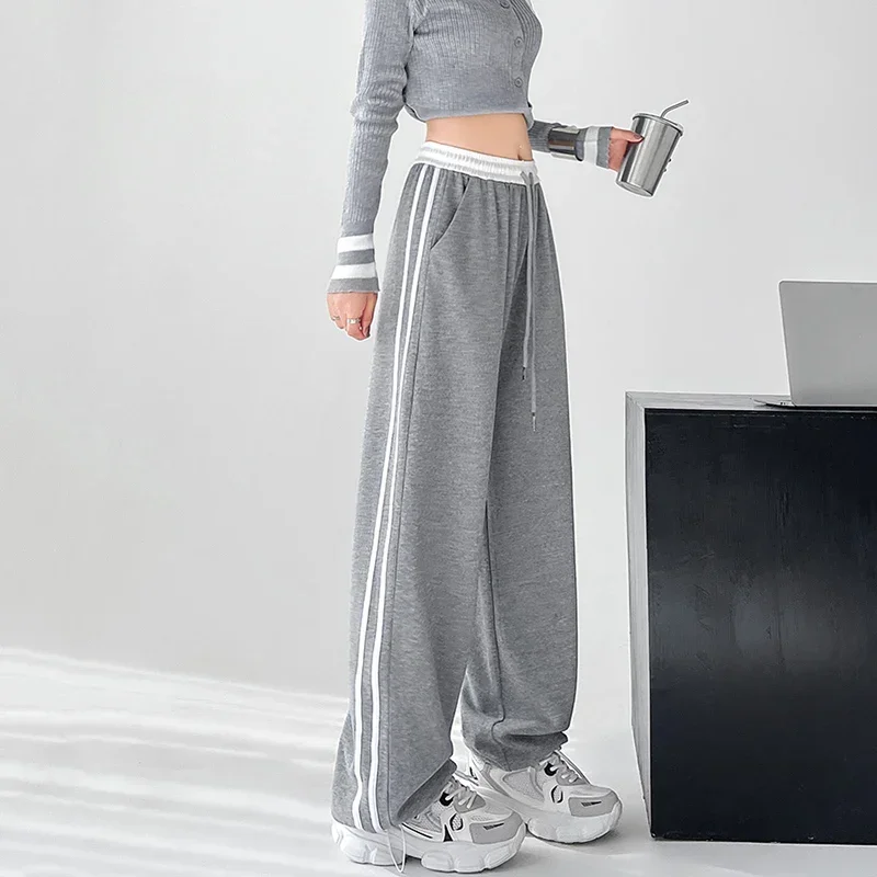 New Ins Fashion Girls Patchwork Sweatpants Lady High Waist Comfortable Baggy Trousers Female Korean Classic Wide Leg Pants