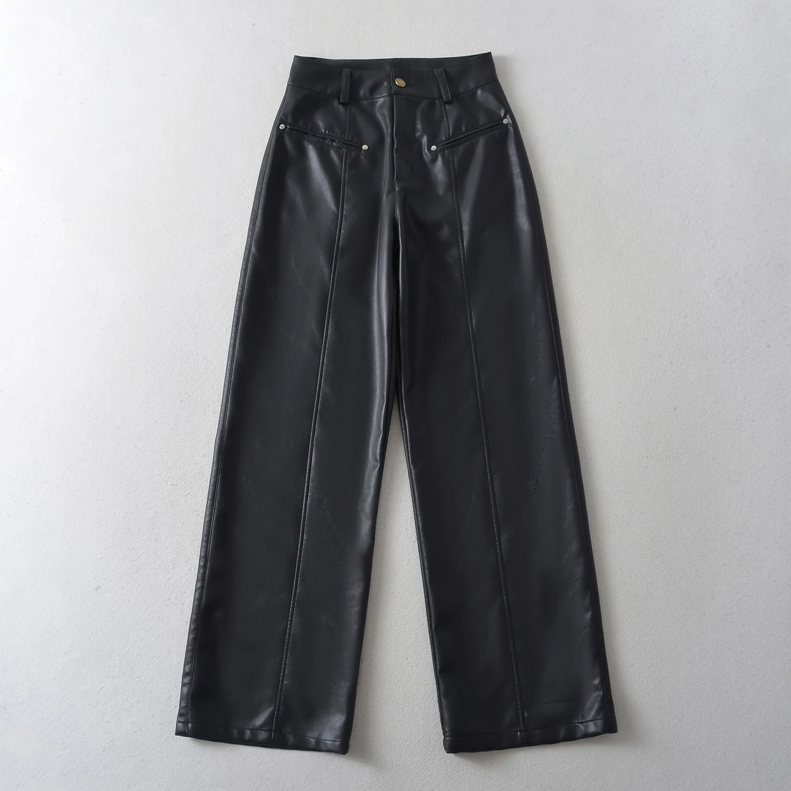 American Retro Washing Color Brown Wide Leg PU Leather Pants Woman High Waist Loose Long Straight Trousers Casual Bottom