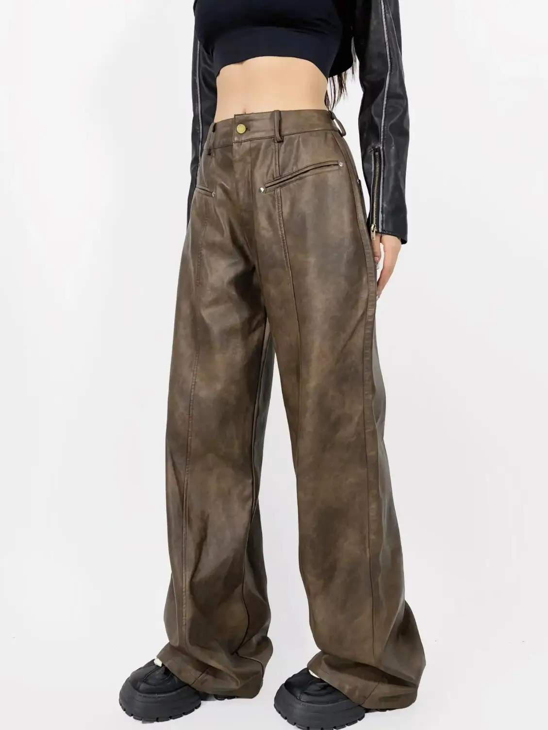 American Retro Washing Color Brown Wide Leg PU Leather Pants Woman High Waist Loose Long Straight Trousers Casual Bottom