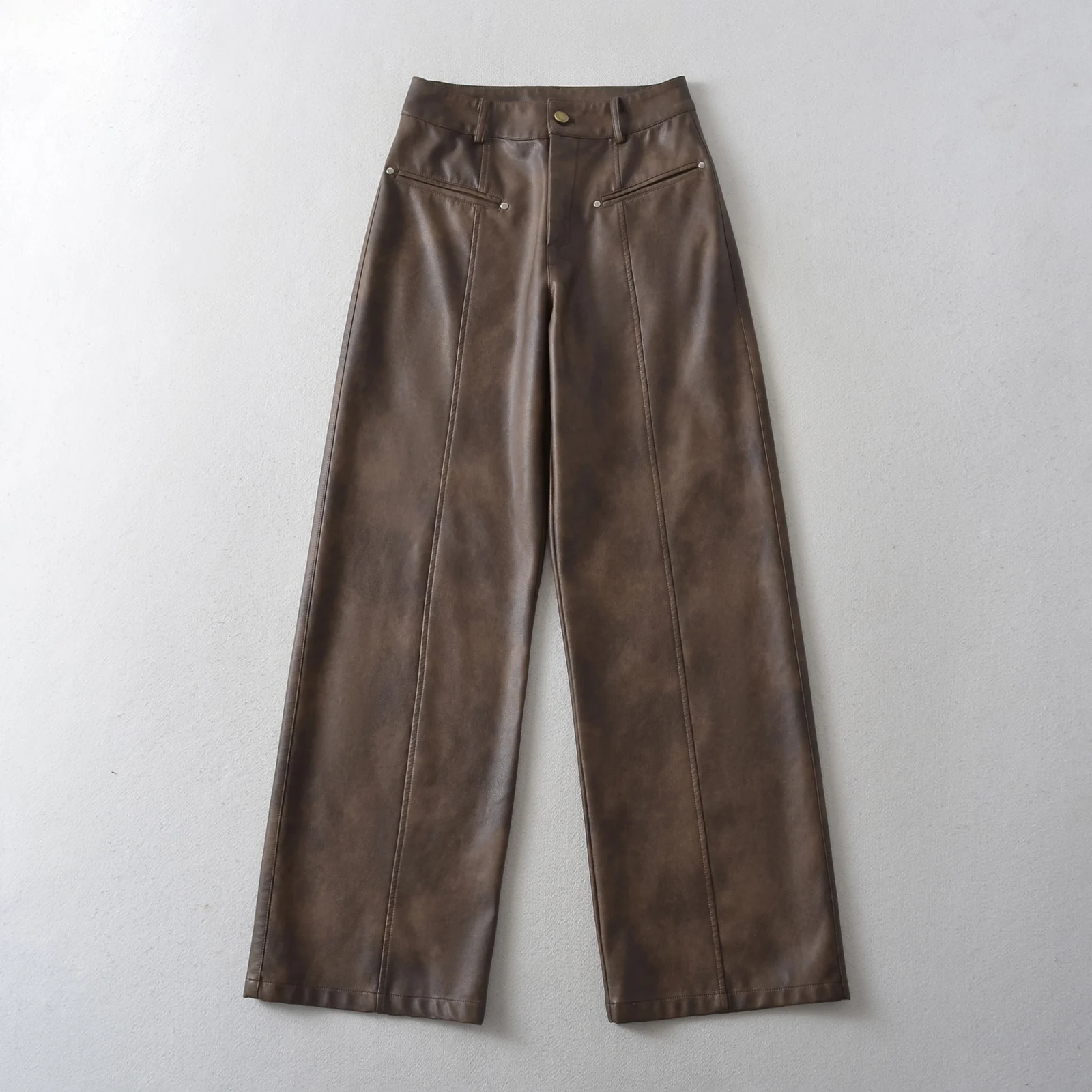 American Retro Washing Color Brown Wide Leg PU Leather Pants Woman High Waist Loose Long Straight Trousers Casual Bottom