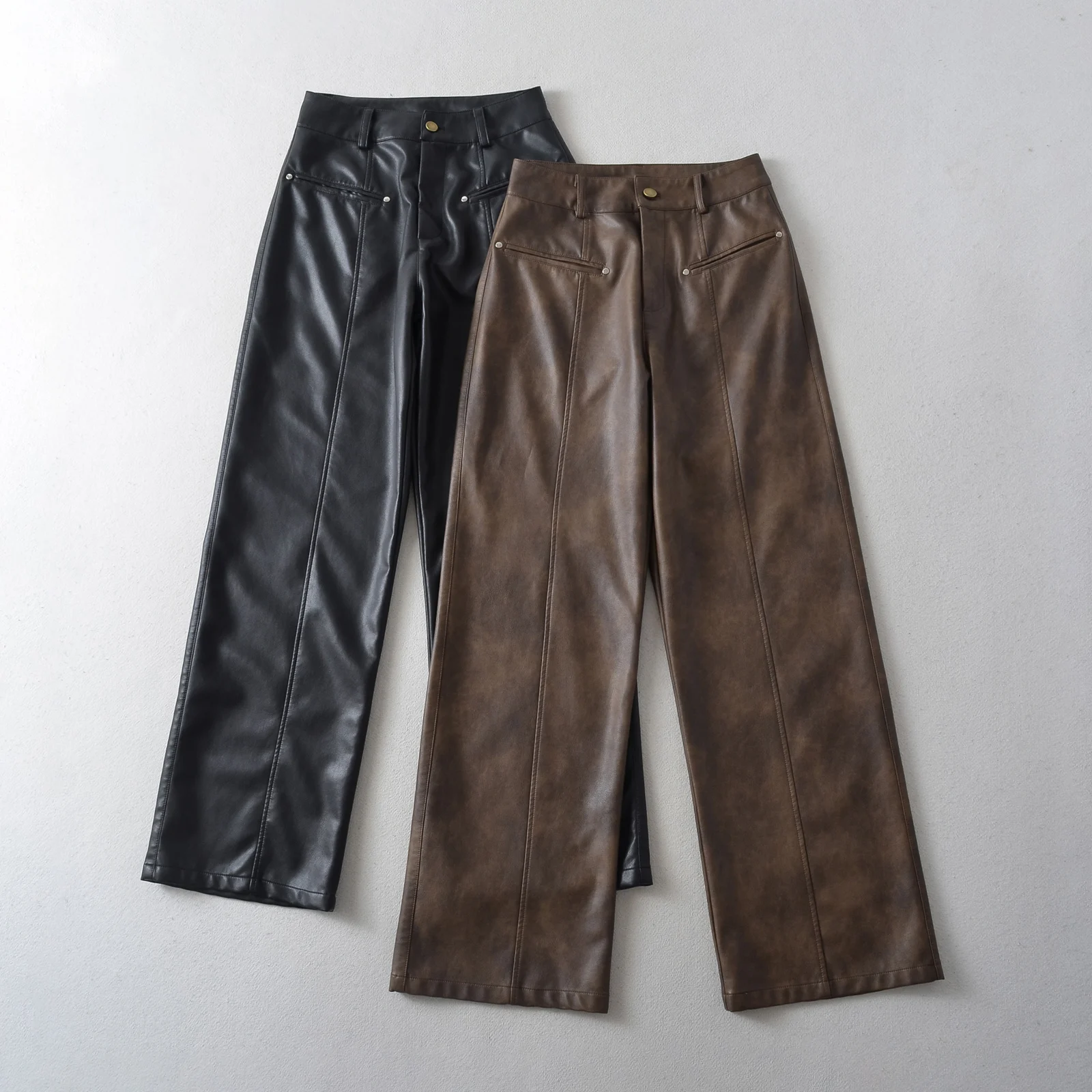 American Retro Washing Color Brown Wide Leg PU Leather Pants Woman High Waist Loose Long Straight Trousers Casual Bottom