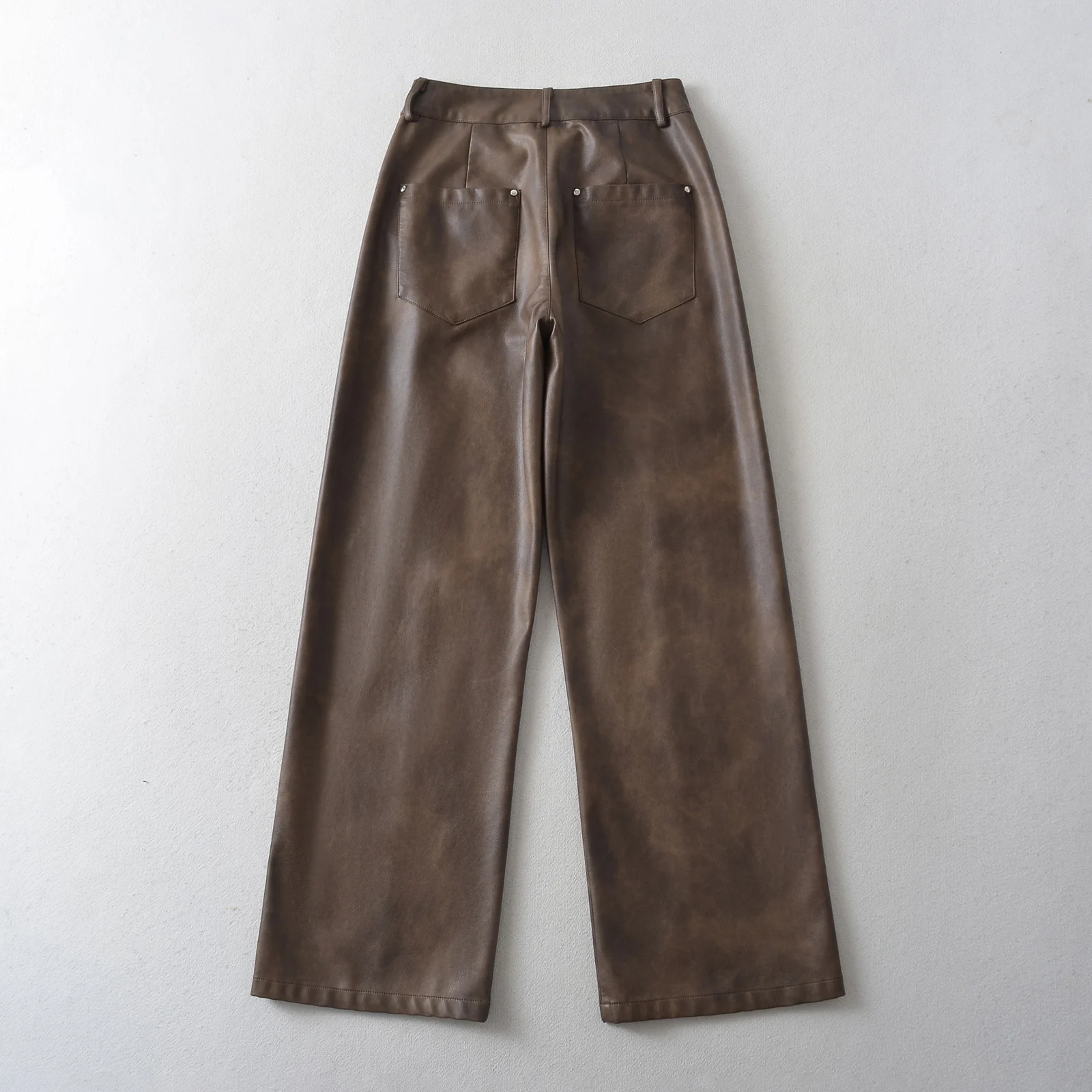 American Retro Washing Color Brown Wide Leg PU Leather Pants Woman High Waist Loose Long Straight Trousers Casual Bottom