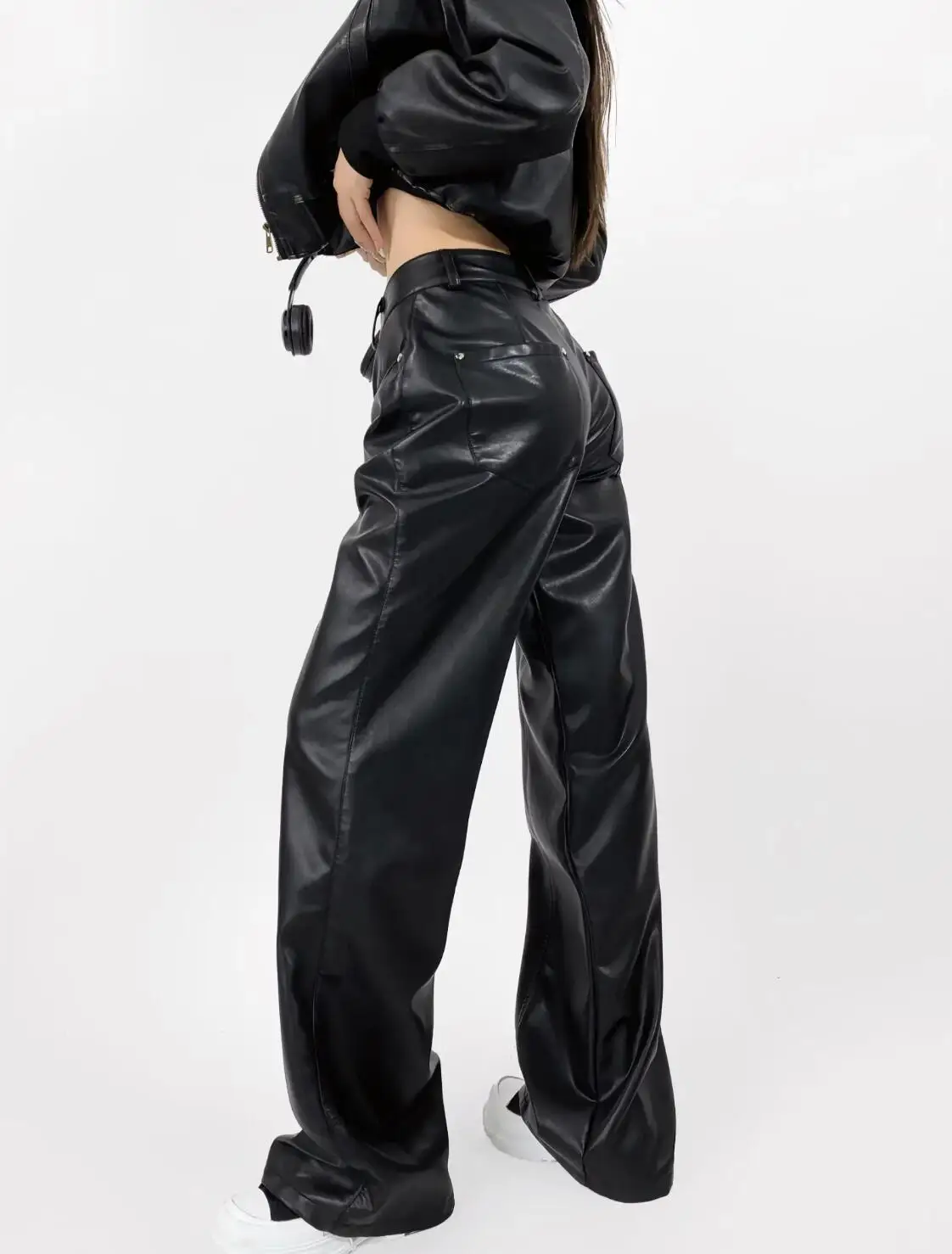 American Retro Washing Color Brown Wide Leg PU Leather Pants Woman High Waist Loose Long Straight Trousers Casual Bottom