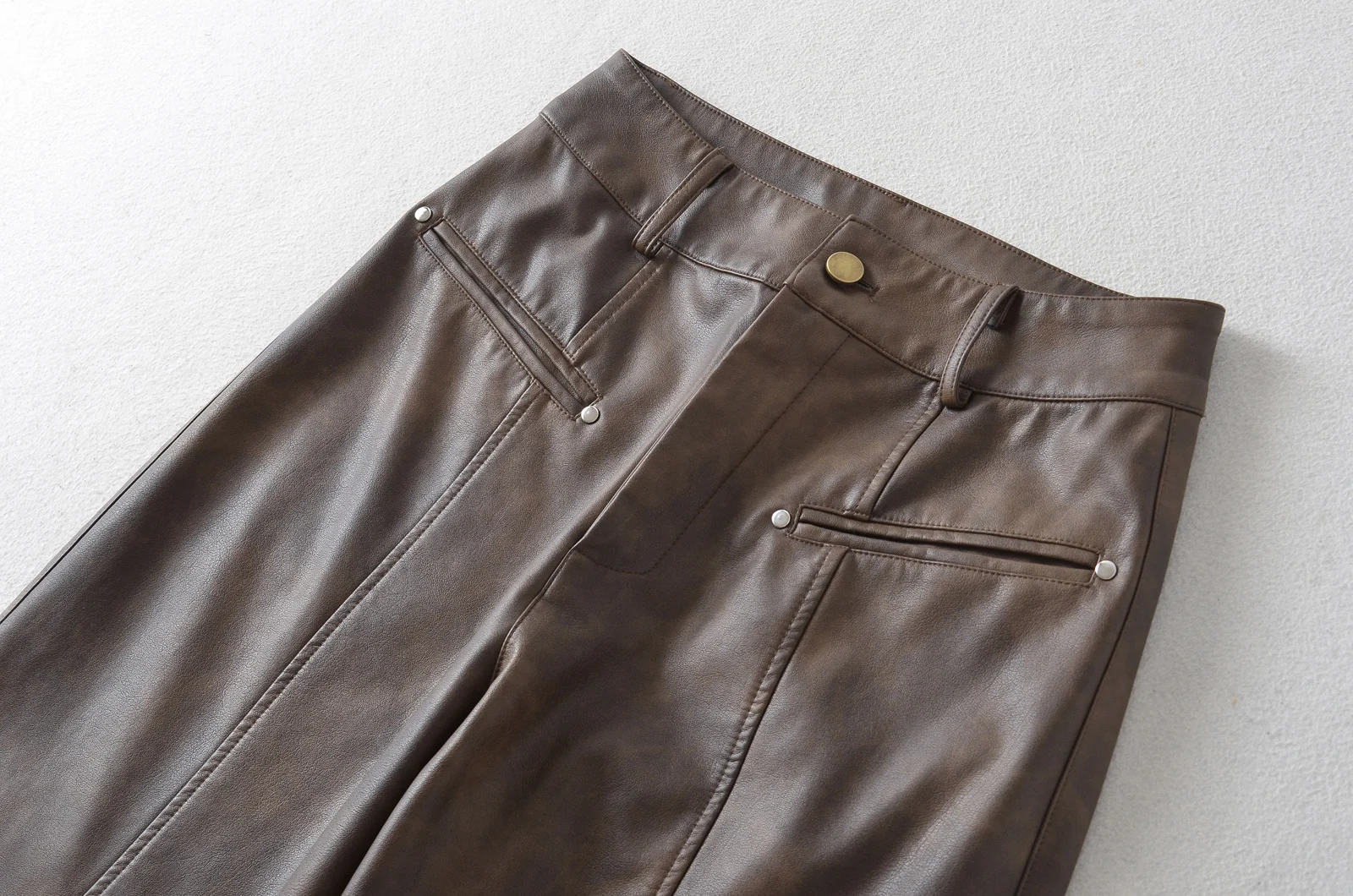 American Retro Washing Color Brown Wide Leg PU Leather Pants Woman High Waist Loose Long Straight Trousers Casual Bottom
