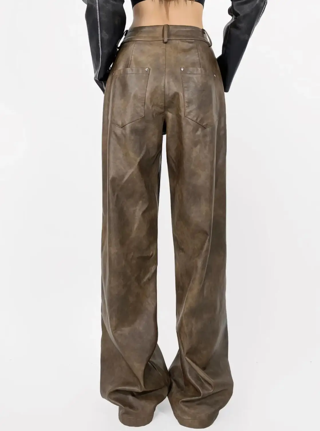 American Retro Washing Color Brown Wide Leg PU Leather Pants Woman High Waist Loose Long Straight Trousers Casual Bottom