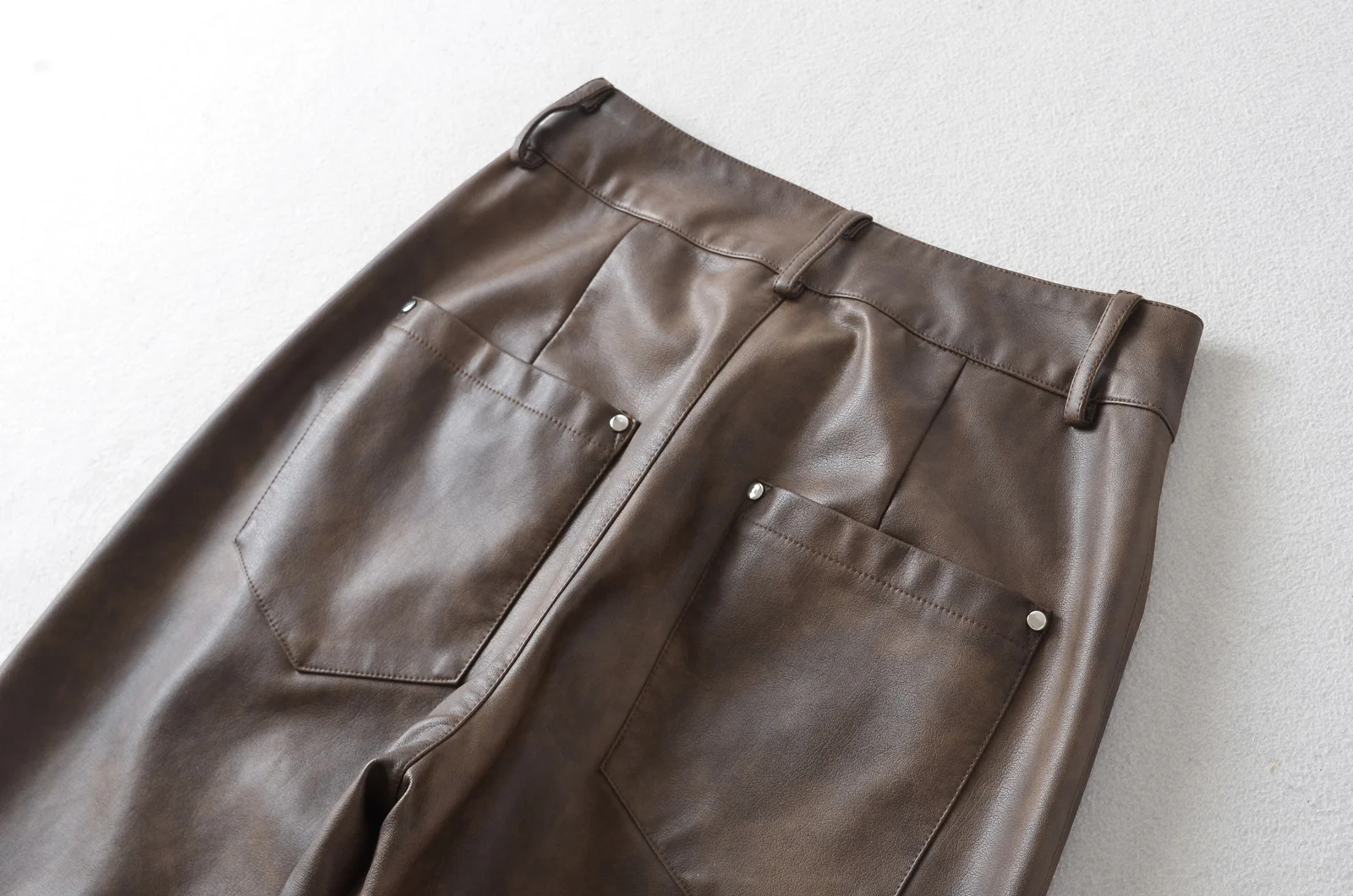 American Retro Washing Color Brown Wide Leg PU Leather Pants Woman High Waist Loose Long Straight Trousers Casual Bottom