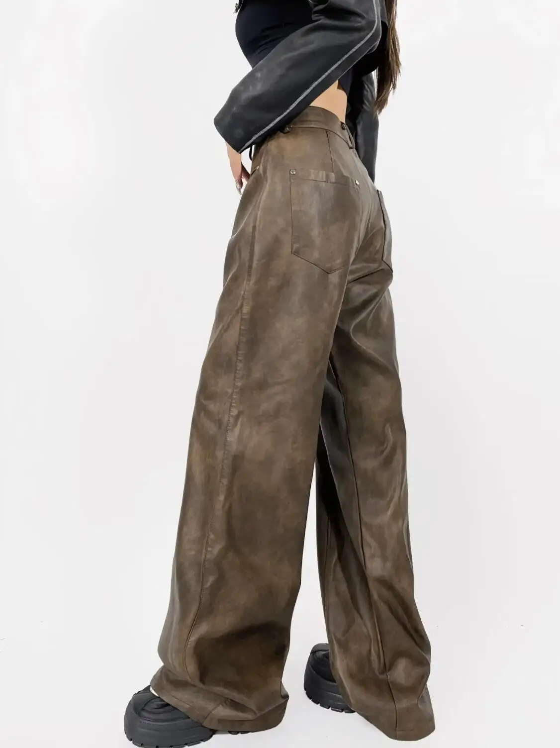 American Retro Washing Color Brown Wide Leg PU Leather Pants Woman High Waist Loose Long Straight Trousers Casual Bottom