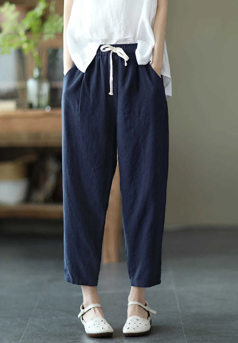 Lucyever 2025 Spring Summer Cotton Linen Pants Women Solid Color Casual Ankle-length Pant Woman Lace-up Waist Loose Trousers