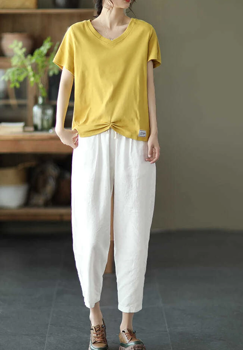 Lucyever 2025 Spring Summer Cotton Linen Pants Women Solid Color Casual Ankle-length Pant Woman Lace-up Waist Loose Trousers