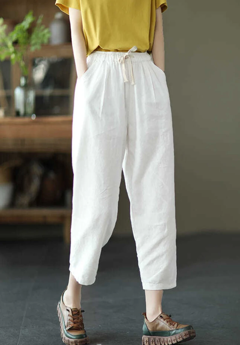 Lucyever 2025 Spring Summer Cotton Linen Pants Women Solid Color Casual Ankle-length Pant Woman Lace-up Waist Loose Trousers