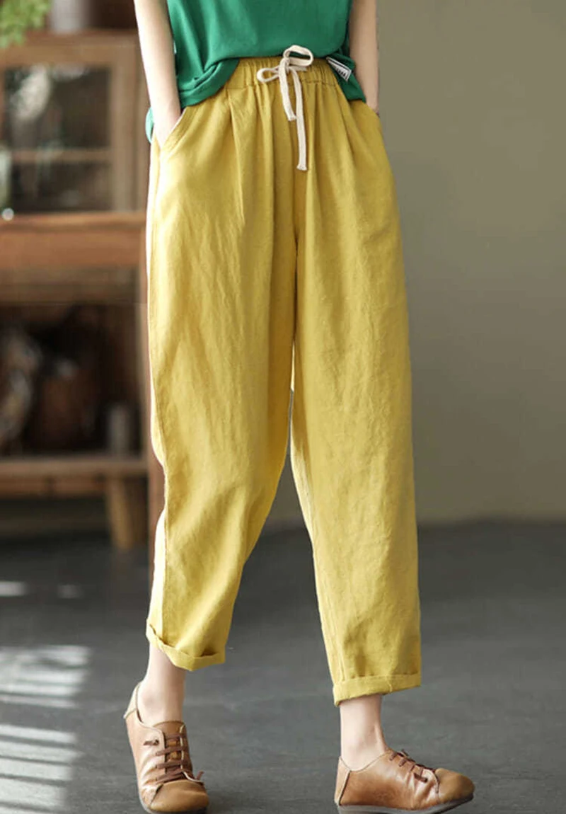 Lucyever 2025 Spring Summer Cotton Linen Pants Women Solid Color Casual Ankle-length Pant Woman Lace-up Waist Loose Trousers