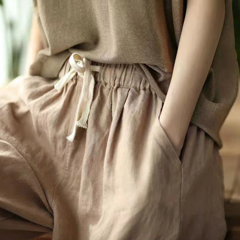 Lucyever 2025 Spring Summer Cotton Linen Pants Women Solid Color Casual Ankle-length Pant Woman Lace-up Waist Loose Trousers