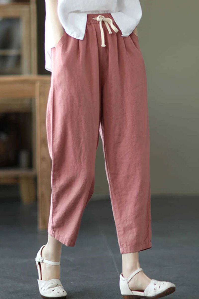 Lucyever 2025 Spring Summer Cotton Linen Pants Women Solid Color Casual Ankle-length Pant Woman Lace-up Waist Loose Trousers